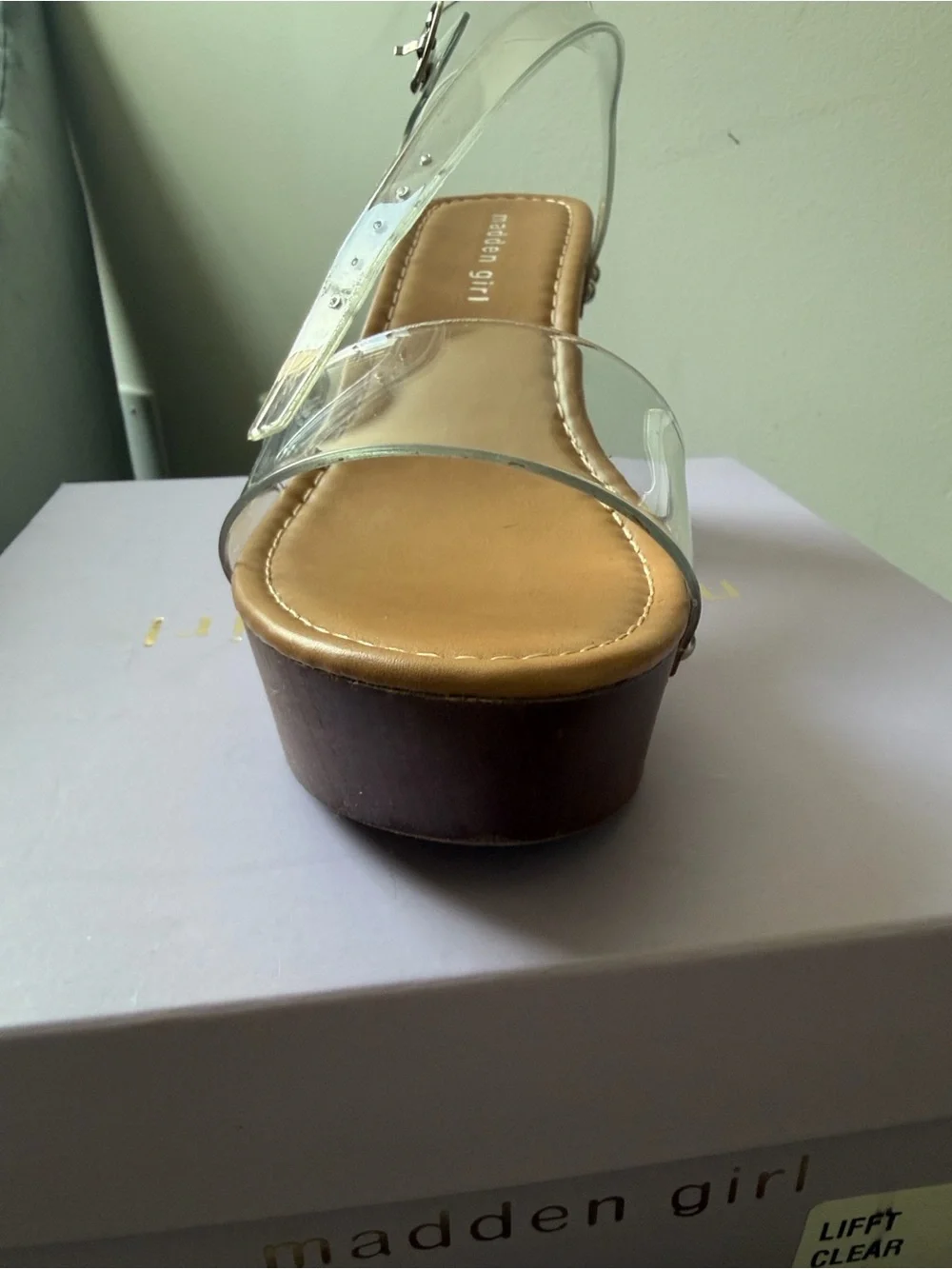 Madden Girl Clear Strap Wood-Effect Platform Sandals - Clear & Brown
